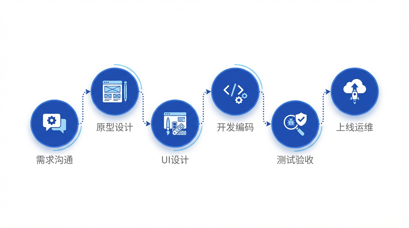 小程序定制开发七阶段流程示意:需求沟通-原型-UI-前端-后端-联调-上线运维